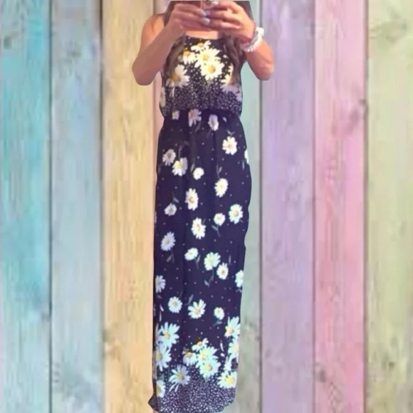 Le Lis Black White Daisy Floral Polka Dot Print Lined Maxi Dress NWT - Picture 3 of 15